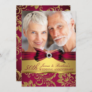 Invitation Burgundy Red Gold Photo 50e anniversaire de Mariag