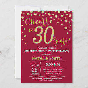 Invitation Burgundy Red Gold Surprise 30th Anniversaire Diamo