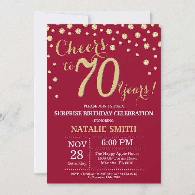 Invitation Burgundy Red Gold Surprise 70e Anniversaire Diamon (Devant)
