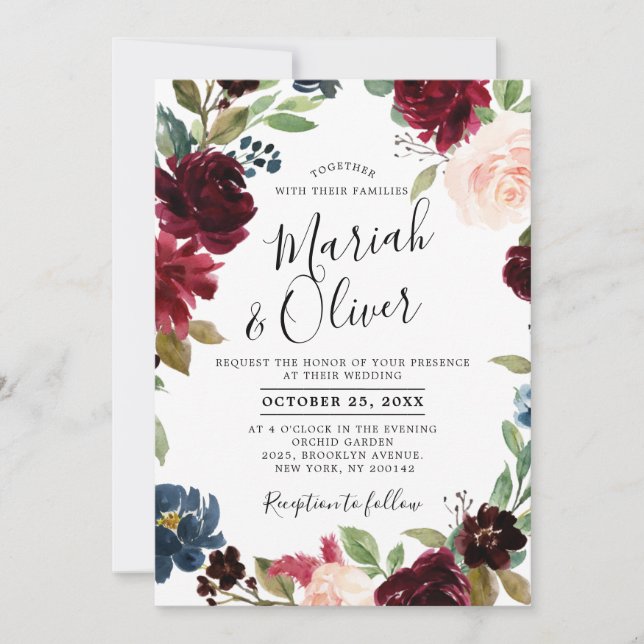 Invitation Burgundy Red Navy Blue Floral Boho Mariage (Devant)