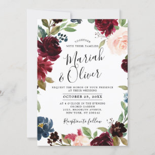 Invitation Burgundy Red Navy Blue Floral Boho Mariage