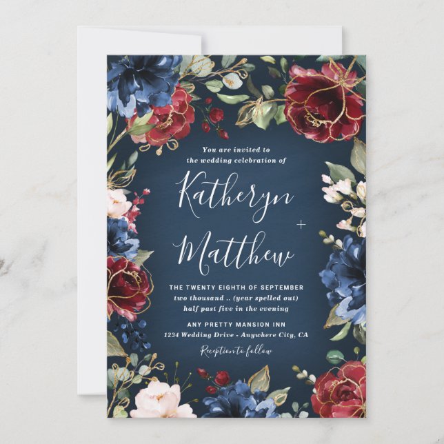 Invitation Burgundy Red Navy Blue Gold et Blush Pink Mariage (Devant)