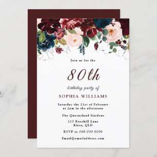 Invitation Burgundy Red Navy Blush Floral 80e fête d'annivers