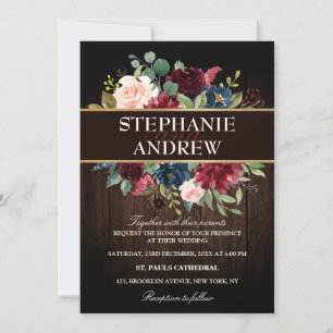 Invitation Burgundy Red Navy Floral Russe mariage en bois