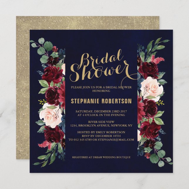 Invitation Burgundy Red Navy Floral Rustic Boho Fête des mari (Devant / Derrière)