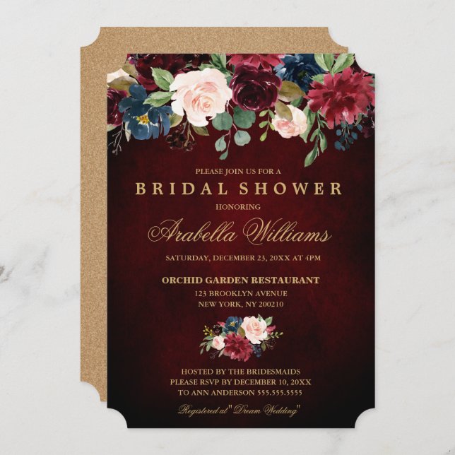 Invitation Burgundy Red Navy Floral Rustic Boho Fête des mari (Devant / Derrière)
