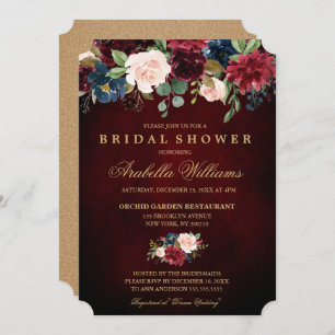 Invitation Burgundy Red Navy Floral Rustic Boho Fête des mari