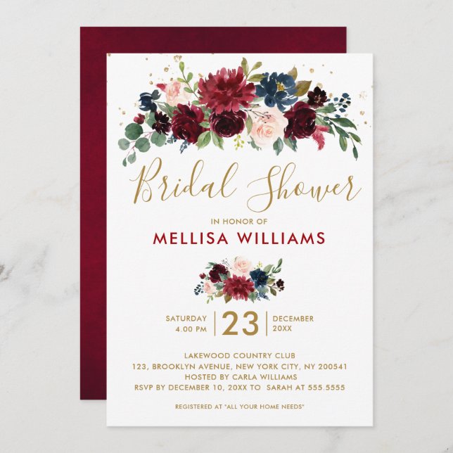 Invitation Burgundy Red Navy Floral Rustic Boho Fête des mari (Devant / Derrière)
