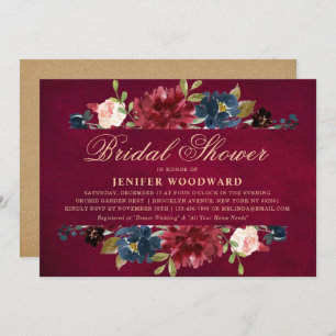 Invitation Burgundy Red Navy Floral Rustic Boho Fête des mari