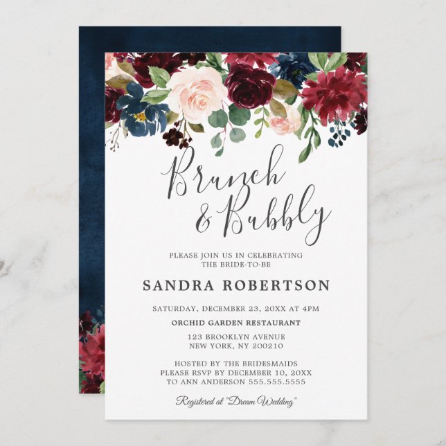 Invitation Burgundy Red Navy Floral Rustic Boho Fête des mari (Devant / Derrière)