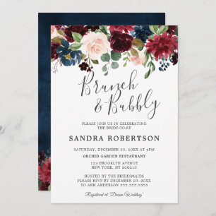 Invitation Burgundy Red Navy Floral Rustic Boho Fête des mari
