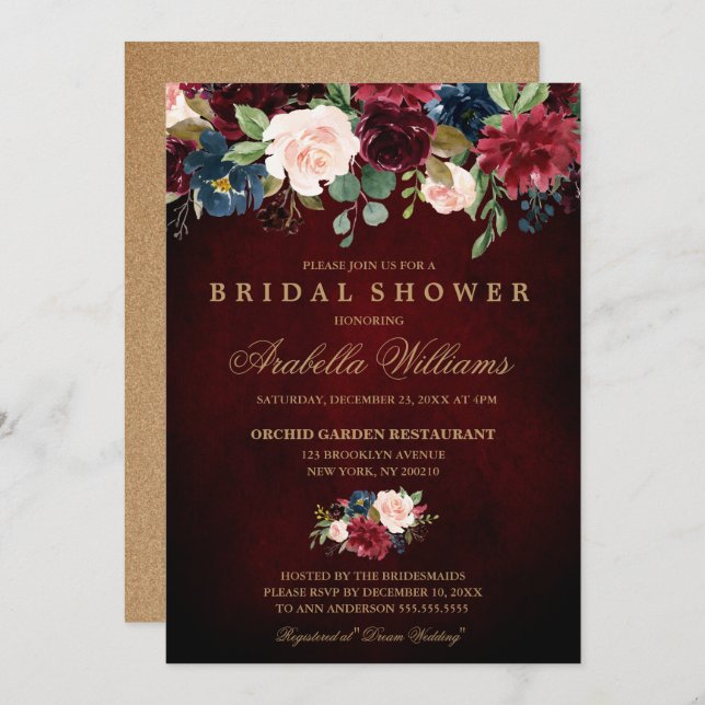 Invitation Burgundy Red Navy Floral Rustic Boho Fête des mari (Devant / Derrière)