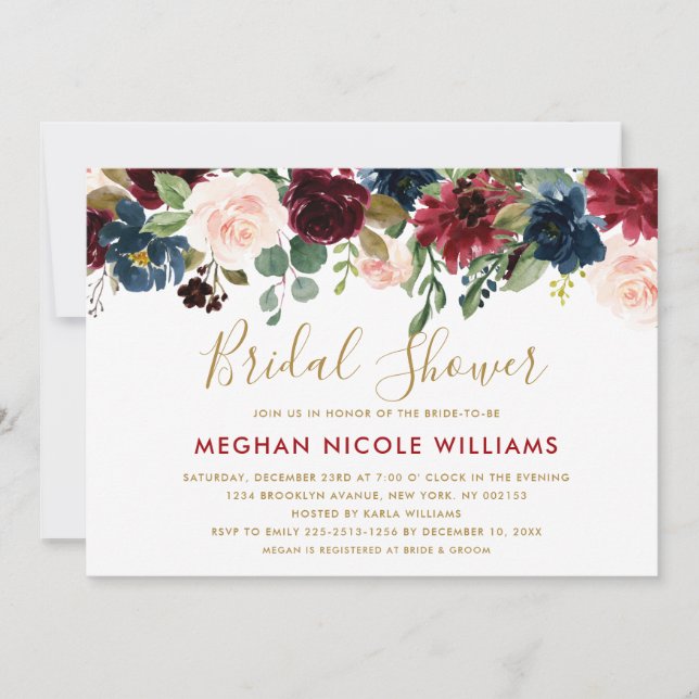 Invitation Burgundy Red Navy Floral Rustic Boho Fête des mari (Devant)