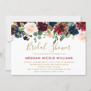 Invitation Burgundy Red Navy Floral Rustic Boho Fête des mari