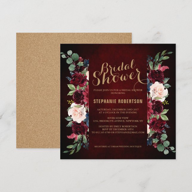 Invitation Burgundy Red Navy Floral Rustic Boho Fête des mari (Devant / Derrière)