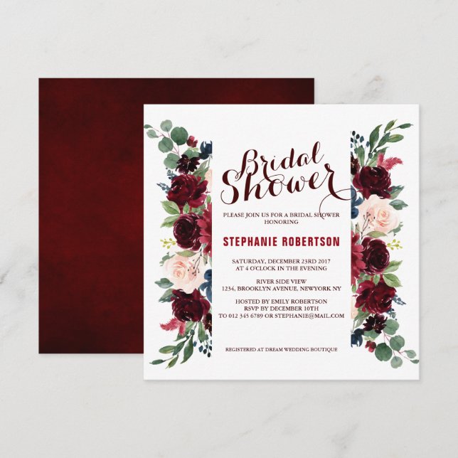Invitation Burgundy Red Navy Floral Rustic Boho Fête des mari (Devant / Derrière)