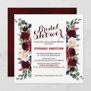 Invitation Burgundy Red Navy Floral Rustic Boho Fête des mari