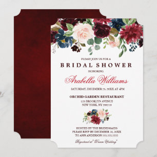 Invitation Burgundy Red Navy Floral Rustic Boho Fête des mari
