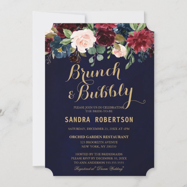 Invitation Burgundy Red Navy Floral Rustic Boho Fête des mari (Devant)
