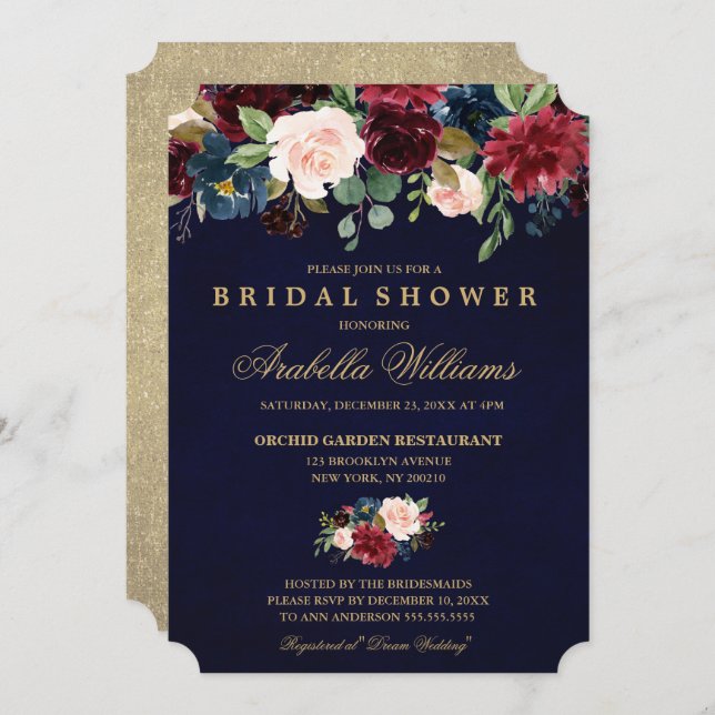 Invitation Burgundy Red Navy Floral Rustic Boho Fête des mari (Devant / Derrière)