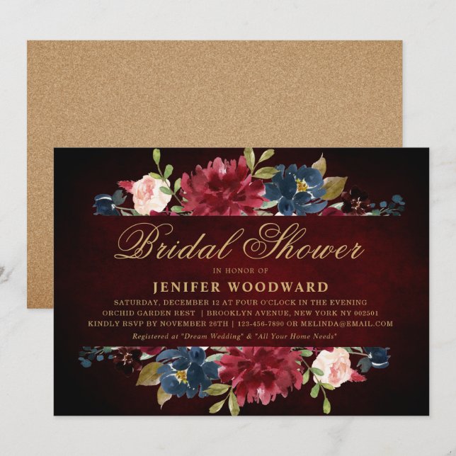 Invitation Burgundy Red Navy Floral Rustic Boho Fête des mari (Devant / Derrière)