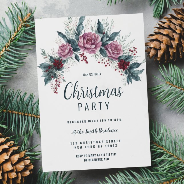 Invitation Burgundy red pink dirty blue Christmas floral (Burgundy red pink dirty blue Christmas floral )