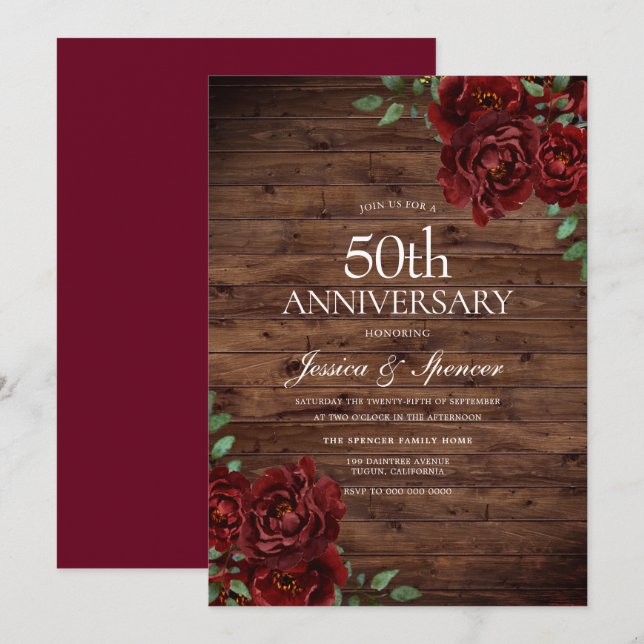 Invitation Burgundy Red Rose Rustique 50ème Anniversaire de M (Devant / Derrière)