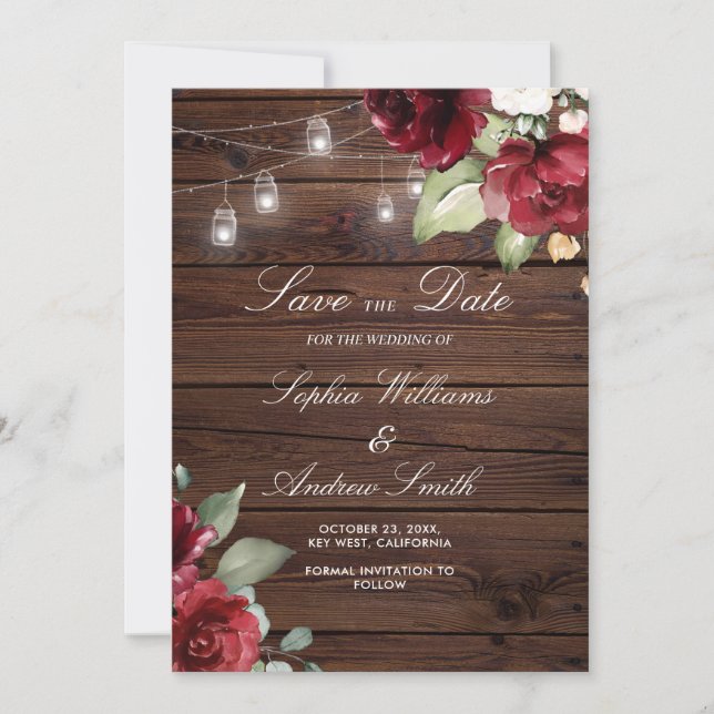 Invitation Burgundy Red Rose Rustique Bois SAVE la Date (Devant)