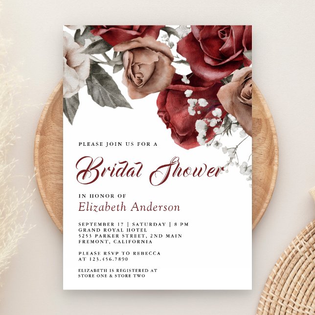 Invitation Burgundy Red Roses Floral Bridal Shower (Créateur téléchargé)