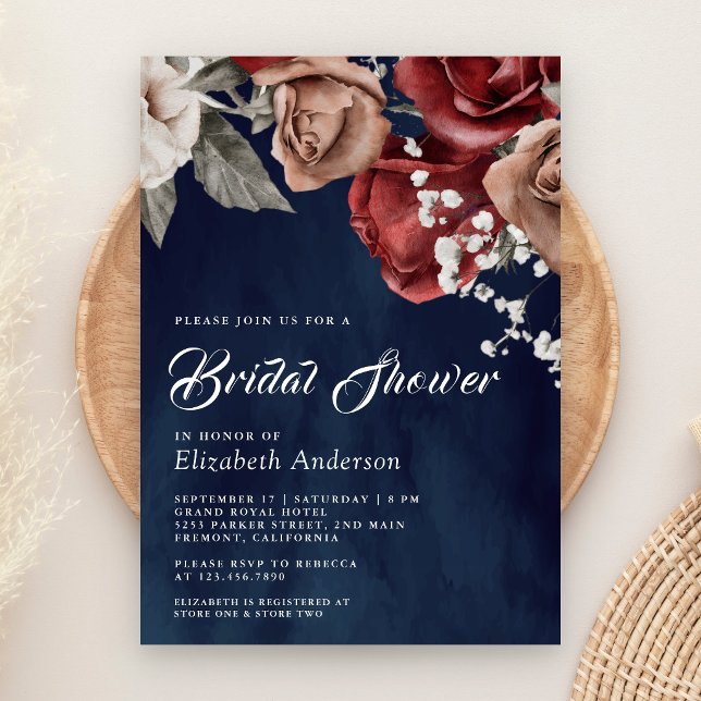 Invitation Burgundy Red Roses Floral Navy Blue Bridal Shower (Créateur téléchargé)
