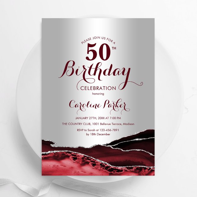 Invitation Burgundy Red Silver Agate 50e fête d'anniversaire (Créateur téléchargé)