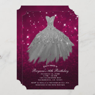 Invitation Burgundy Red & Silver Sparkle Dress Sweet 16 Party