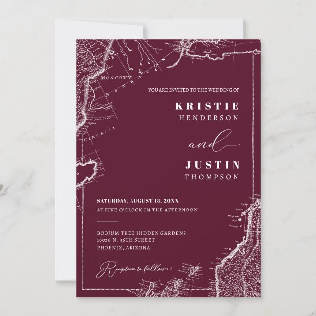 Invitation Burgundy Retro Voyage QR Code Mariage photo (Devant)