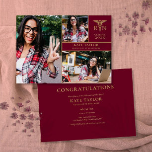 Invitation Burgundy RN Nursing 3 Photo Graduation Party