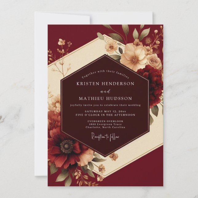 Invitation Burgundy Romantic Flora Wedding (Devant)