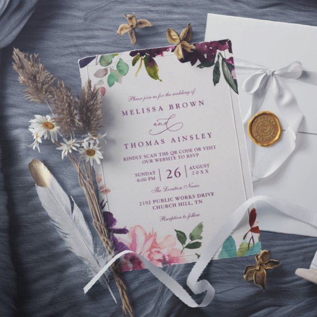 Invitation Burgundy Romantic Florals Elegant QR Code Wedding (Créateur téléchargé)