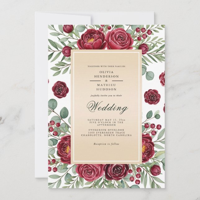 Invitation Burgundy Rose Botanical Wedding (Devant)