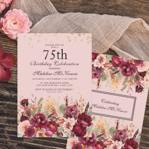 Invitation Burgundy Rose Fleurs Paillettes Dorées 75e Anniver