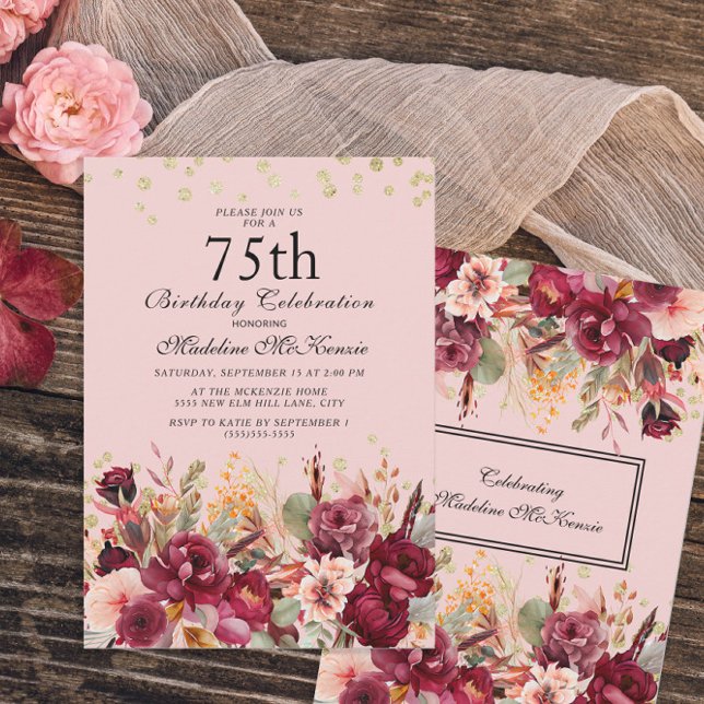 Invitation Burgundy Rose Fleurs Paillettes Dorées 75e Anniver (Créateur téléchargé)