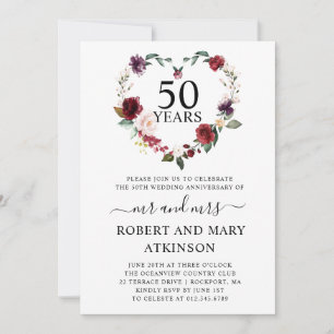 Invitation Burgundy Rose Floral 50e Anniversaire de Mariage I
