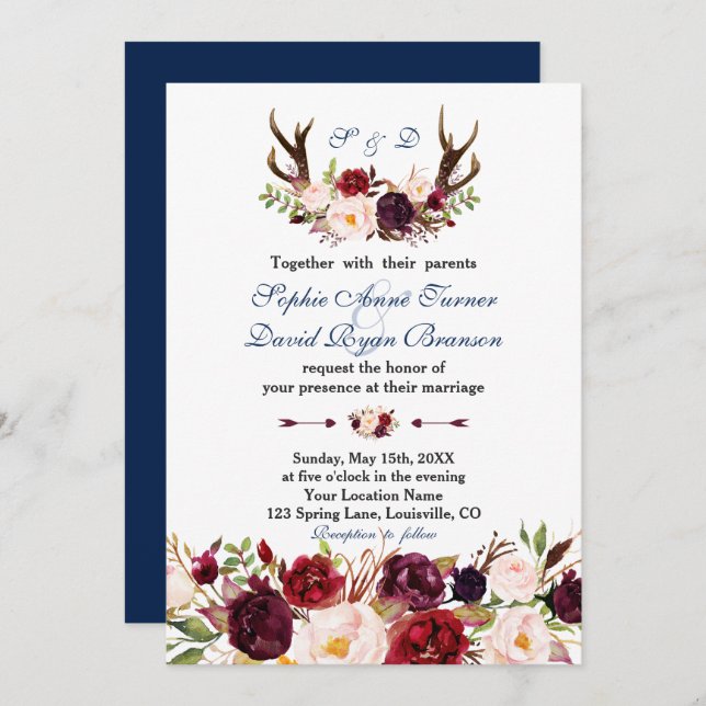 Invitation Burgundy Rose Floral Navy Antlers Monogram Mariage (Devant / Derrière)