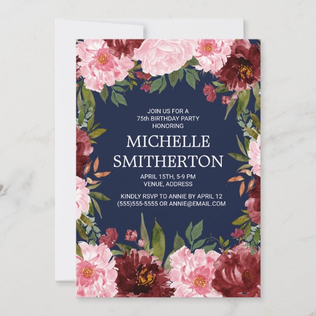 Invitation Burgundy Rose Floral Navy Bleu 75e anniversaire (Devant)