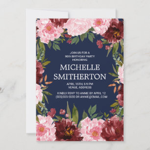 Invitation Burgundy Rose Floral Navy Bleu 90e Anniversaire