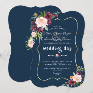 Invitation Burgundy rose Floral or Mariage bleu marine