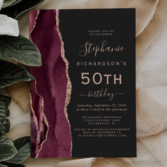 Invitation Burgundy Rose Gold Agate Dark 50e Anniversaire (Créateur téléchargé)