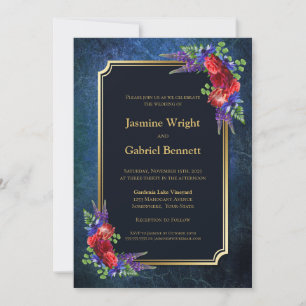 Invitation Burgundy Rose Gold Frontière Marine Mariage bleu