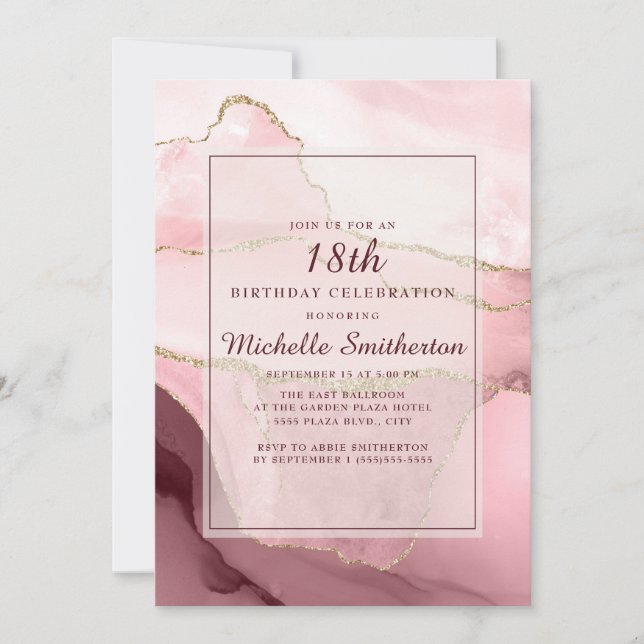 Invitation Burgundy Rose Or Marbre Agate 18e Anniversaire (Devant)
