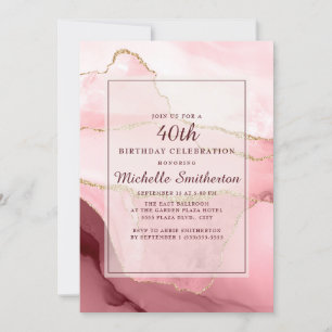 Invitation Burgundy Rose Or Marbre Agate 40 Ans Anniversaire