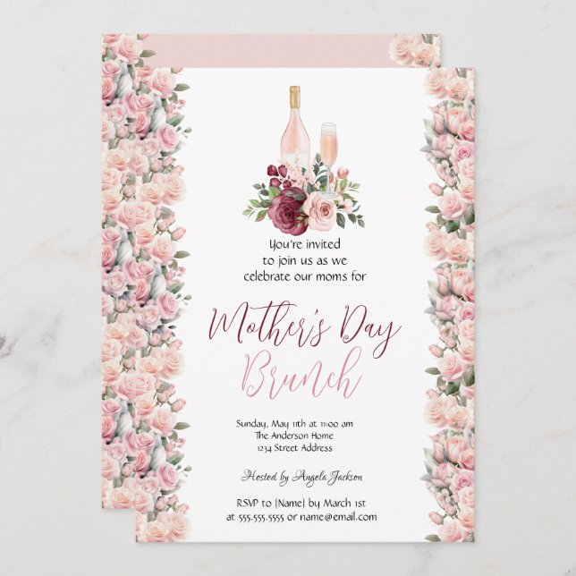 Invitation Burgundy Roses Roses Roses Roses Vins Fête des Mèr (Devant / Derrière)