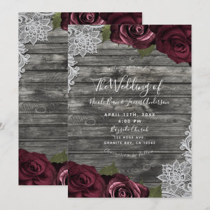 Invitation Burgundy Roses Rustique Bois Gris Dentelle Mariage